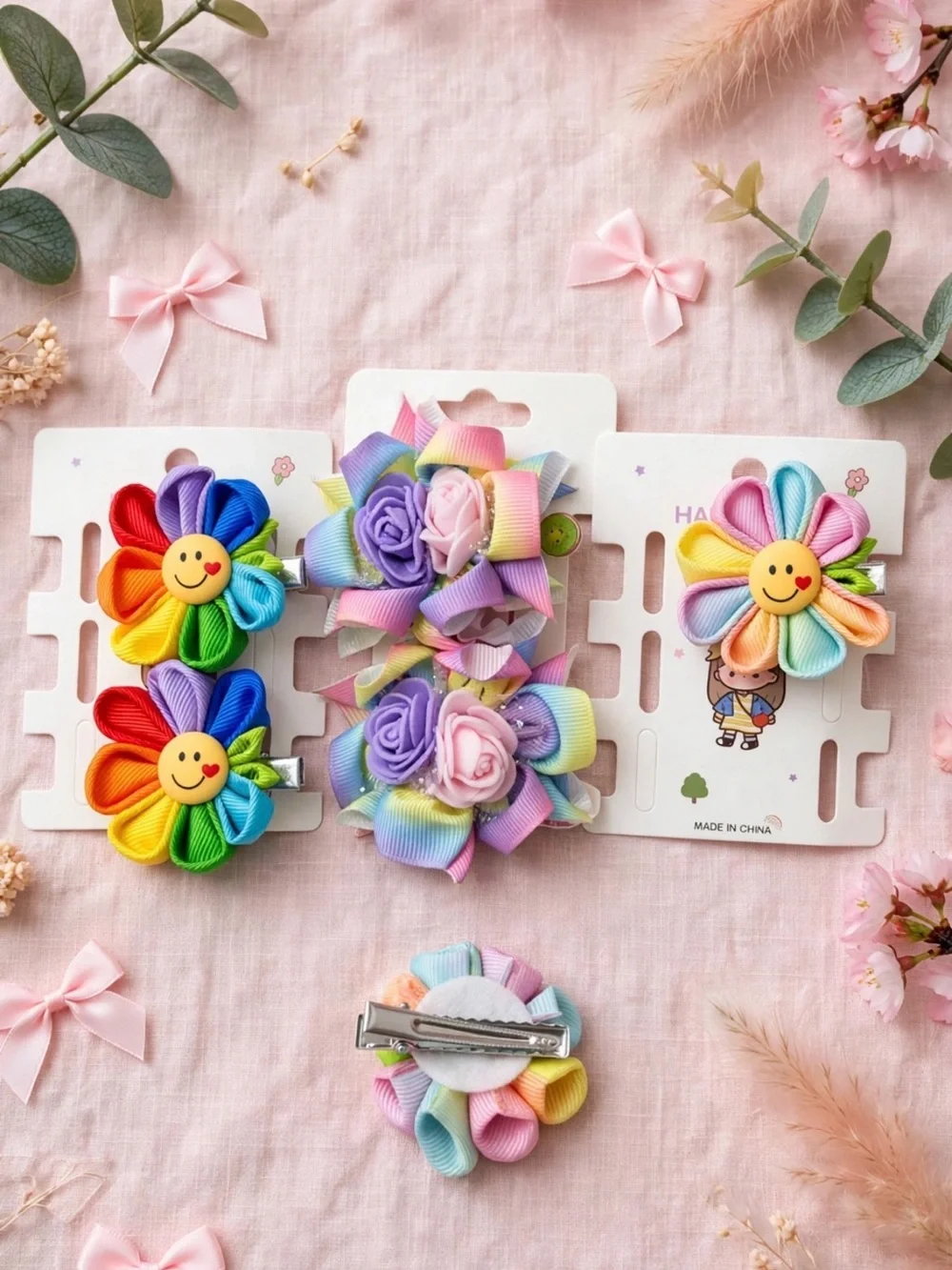 Rainbow Flower Smile Hair Clips - Pastel & Bright Multi-Color Set